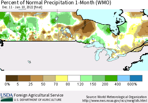 Canada Percent of Normal Precipitation 1-Month (WMO) Thematic Map For 12/11/2021 - 1/10/2022
