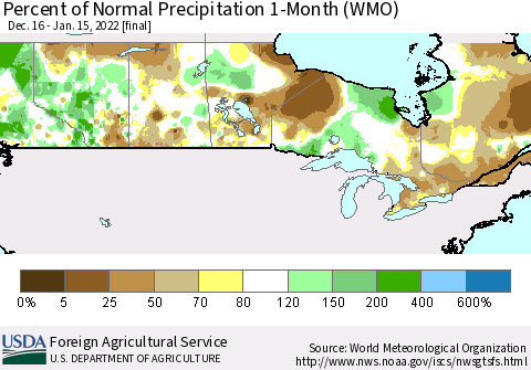 Canada Percent of Normal Precipitation 1-Month (WMO) Thematic Map For 12/16/2021 - 1/15/2022