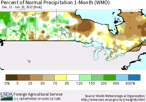 Canada Percent of Normal Precipitation 1-Month (WMO) Thematic Map For 12/21/2021 - 1/20/2022