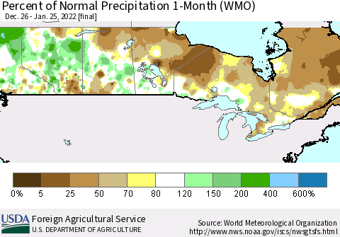 Canada Percent of Normal Precipitation 1-Month (WMO) Thematic Map For 12/26/2021 - 1/25/2022