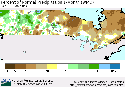 Canada Percent of Normal Precipitation 1-Month (WMO) Thematic Map For 1/1/2022 - 1/31/2022