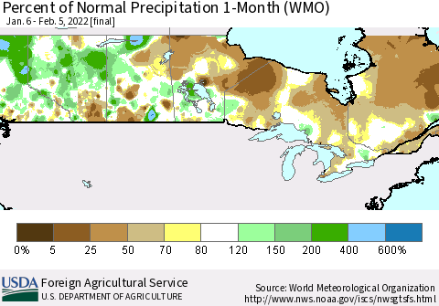 Canada Percent of Normal Precipitation 1-Month (WMO) Thematic Map For 1/6/2022 - 2/5/2022