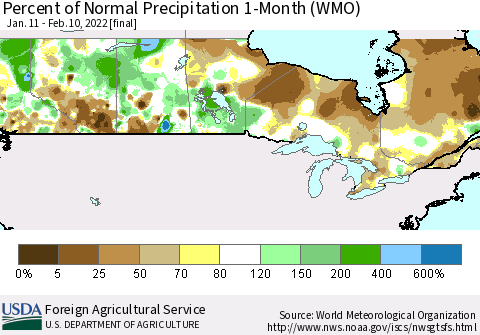 Canada Percent of Normal Precipitation 1-Month (WMO) Thematic Map For 1/11/2022 - 2/10/2022