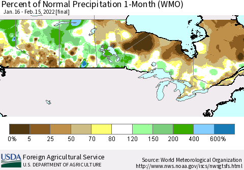 Canada Percent of Normal Precipitation 1-Month (WMO) Thematic Map For 1/16/2022 - 2/15/2022