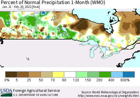 Canada Percent of Normal Precipitation 1-Month (WMO) Thematic Map For 1/21/2022 - 2/20/2022