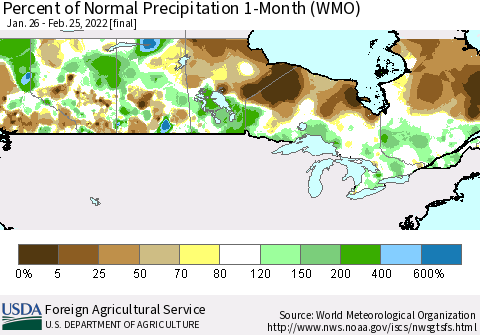 Canada Percent of Normal Precipitation 1-Month (WMO) Thematic Map For 1/26/2022 - 2/25/2022