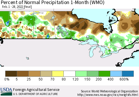 Canada Percent of Normal Precipitation 1-Month (WMO) Thematic Map For 2/1/2022 - 2/28/2022