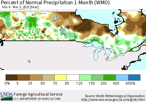 Canada Percent of Normal Precipitation 1-Month (WMO) Thematic Map For 2/6/2022 - 3/5/2022