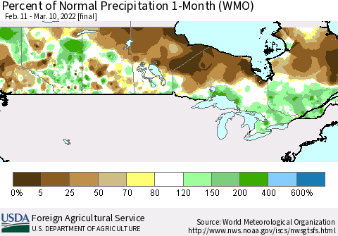 Canada Percent of Normal Precipitation 1-Month (WMO) Thematic Map For 2/11/2022 - 3/10/2022