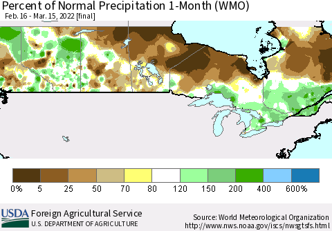 Canada Percent of Normal Precipitation 1-Month (WMO) Thematic Map For 2/16/2022 - 3/15/2022