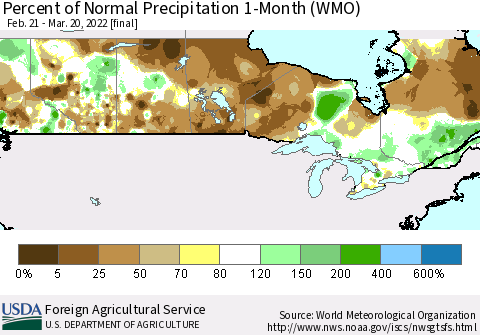 Canada Percent of Normal Precipitation 1-Month (WMO) Thematic Map For 2/21/2022 - 3/20/2022