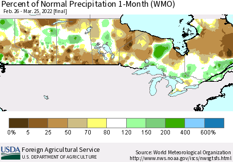 Canada Percent of Normal Precipitation 1-Month (WMO) Thematic Map For 2/26/2022 - 3/25/2022