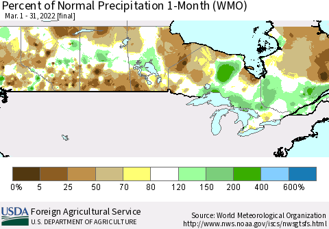 Canada Percent of Normal Precipitation 1-Month (WMO) Thematic Map For 3/1/2022 - 3/31/2022