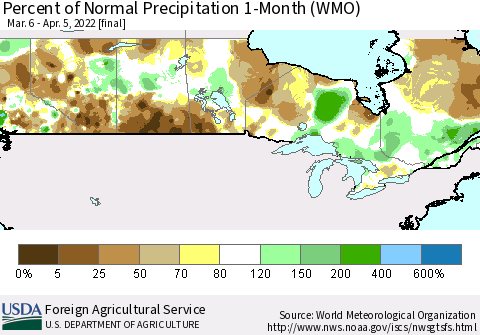 Canada Percent of Normal Precipitation 1-Month (WMO) Thematic Map For 3/6/2022 - 4/5/2022
