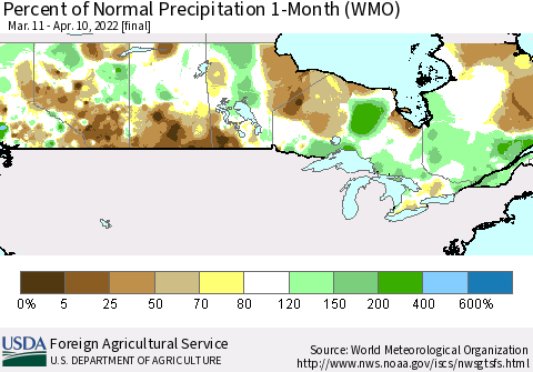 Canada Percent of Normal Precipitation 1-Month (WMO) Thematic Map For 3/11/2022 - 4/10/2022