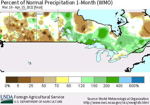 Canada Percent of Normal Precipitation 1-Month (WMO) Thematic Map For 3/16/2022 - 4/15/2022