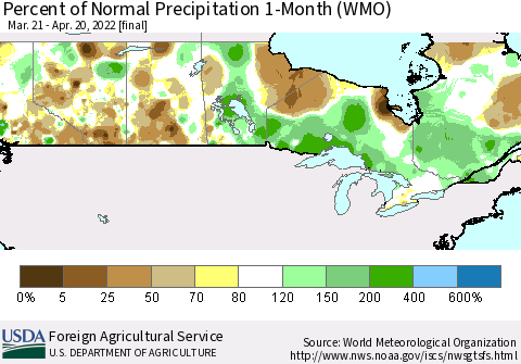 Canada Percent of Normal Precipitation 1-Month (WMO) Thematic Map For 3/21/2022 - 4/20/2022