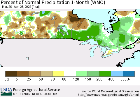 Canada Percent of Normal Precipitation 1-Month (WMO) Thematic Map For 3/26/2022 - 4/25/2022