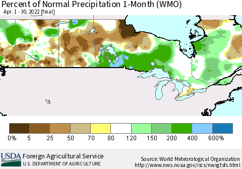 Canada Percent of Normal Precipitation 1-Month (WMO) Thematic Map For 4/1/2022 - 4/30/2022