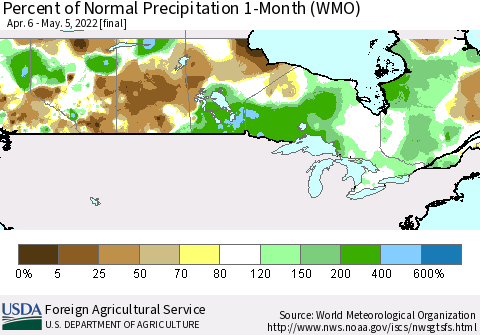 Canada Percent of Normal Precipitation 1-Month (WMO) Thematic Map For 4/6/2022 - 5/5/2022