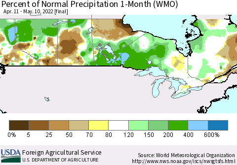 Canada Percent of Normal Precipitation 1-Month (WMO) Thematic Map For 4/11/2022 - 5/10/2022