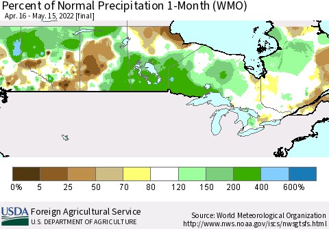 Canada Percent of Normal Precipitation 1-Month (WMO) Thematic Map For 4/16/2022 - 5/15/2022