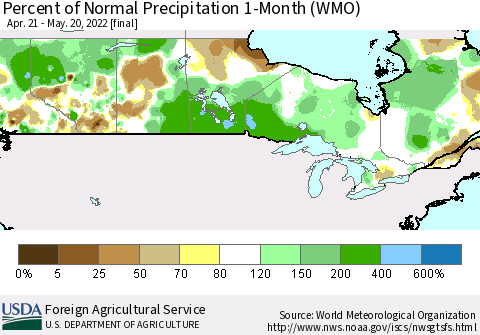 Canada Percent of Normal Precipitation 1-Month (WMO) Thematic Map For 4/21/2022 - 5/20/2022