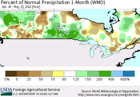 Canada Percent of Normal Precipitation 1-Month (WMO) Thematic Map For 4/26/2022 - 5/25/2022