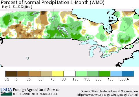 Canada Percent of Normal Precipitation 1-Month (WMO) Thematic Map For 5/1/2022 - 5/31/2022