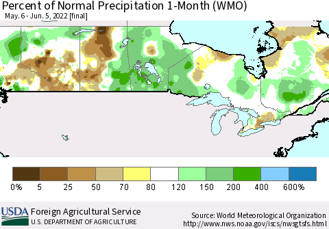 Canada Percent of Normal Precipitation 1-Month (WMO) Thematic Map For 5/6/2022 - 6/5/2022