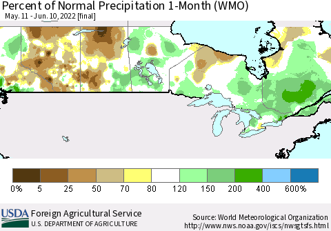 Canada Percent of Normal Precipitation 1-Month (WMO) Thematic Map For 5/11/2022 - 6/10/2022