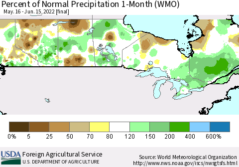 Canada Percent of Normal Precipitation 1-Month (WMO) Thematic Map For 5/16/2022 - 6/15/2022