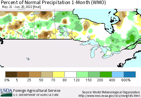 Canada Percent of Normal Precipitation 1-Month (WMO) Thematic Map For 5/21/2022 - 6/20/2022