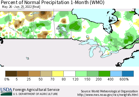 Canada Percent of Normal Precipitation 1-Month (WMO) Thematic Map For 5/26/2022 - 6/25/2022