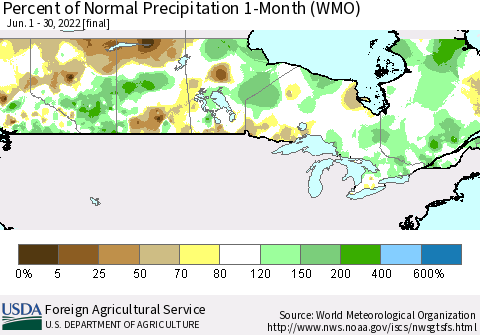 Canada Percent of Normal Precipitation 1-Month (WMO) Thematic Map For 6/1/2022 - 6/30/2022
