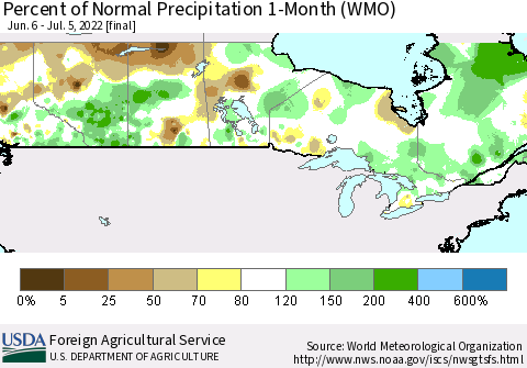 Canada Percent of Normal Precipitation 1-Month (WMO) Thematic Map For 6/6/2022 - 7/5/2022