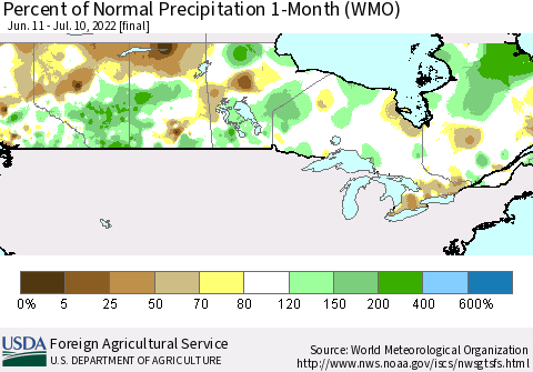 Canada Percent of Normal Precipitation 1-Month (WMO) Thematic Map For 6/11/2022 - 7/10/2022