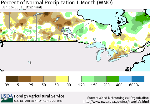 Canada Percent of Normal Precipitation 1-Month (WMO) Thematic Map For 6/16/2022 - 7/15/2022