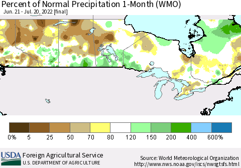 Canada Percent of Normal Precipitation 1-Month (WMO) Thematic Map For 6/21/2022 - 7/20/2022