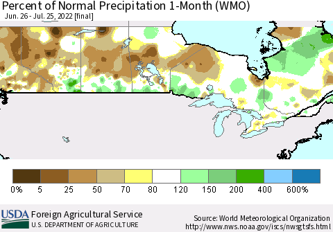 Canada Percent of Normal Precipitation 1-Month (WMO) Thematic Map For 6/26/2022 - 7/25/2022