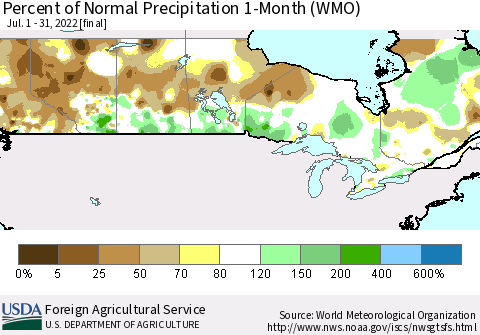 Canada Percent of Normal Precipitation 1-Month (WMO) Thematic Map For 7/1/2022 - 7/31/2022