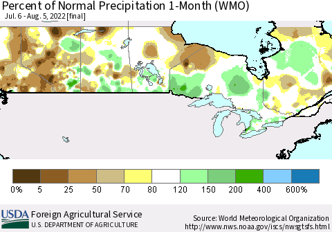 Canada Percent of Normal Precipitation 1-Month (WMO) Thematic Map For 7/6/2022 - 8/5/2022