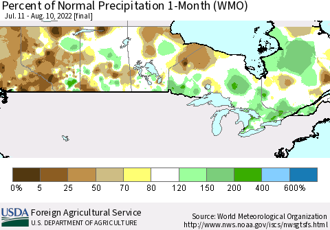 Canada Percent of Normal Precipitation 1-Month (WMO) Thematic Map For 7/11/2022 - 8/10/2022