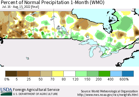 Canada Percent of Normal Precipitation 1-Month (WMO) Thematic Map For 7/16/2022 - 8/15/2022