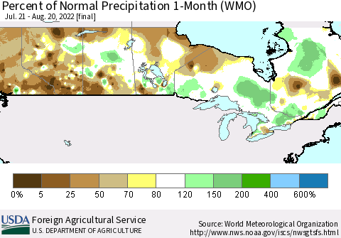 Canada Percent of Normal Precipitation 1-Month (WMO) Thematic Map For 7/21/2022 - 8/20/2022