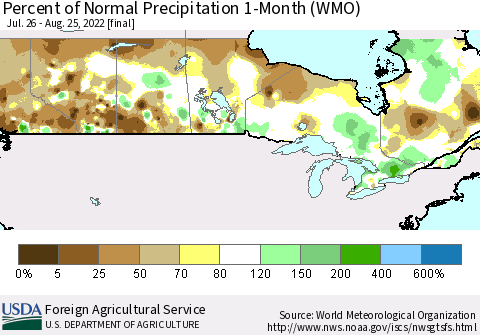 Canada Percent of Normal Precipitation 1-Month (WMO) Thematic Map For 7/26/2022 - 8/25/2022