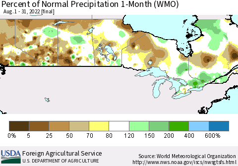 Canada Percent of Normal Precipitation 1-Month (WMO) Thematic Map For 8/1/2022 - 8/31/2022
