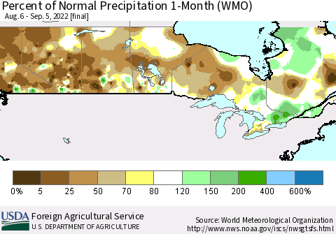 Canada Percent of Normal Precipitation 1-Month (WMO) Thematic Map For 8/6/2022 - 9/5/2022