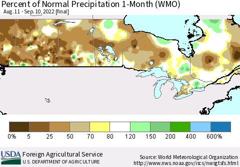 Canada Percent of Normal Precipitation 1-Month (WMO) Thematic Map For 8/11/2022 - 9/10/2022