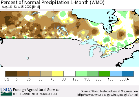 Canada Percent of Normal Precipitation 1-Month (WMO) Thematic Map For 8/16/2022 - 9/15/2022